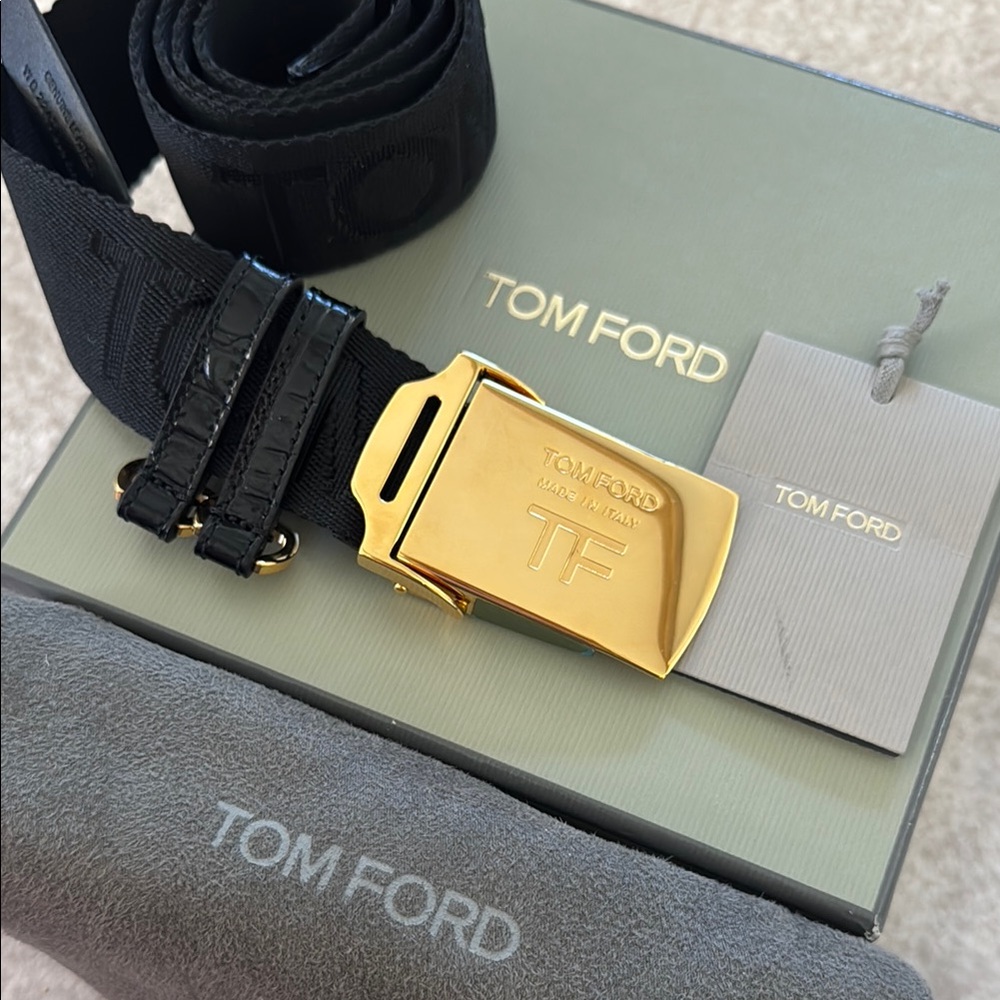 NWT Tom Ford Military Belt Size Small Black with Gold Accents.